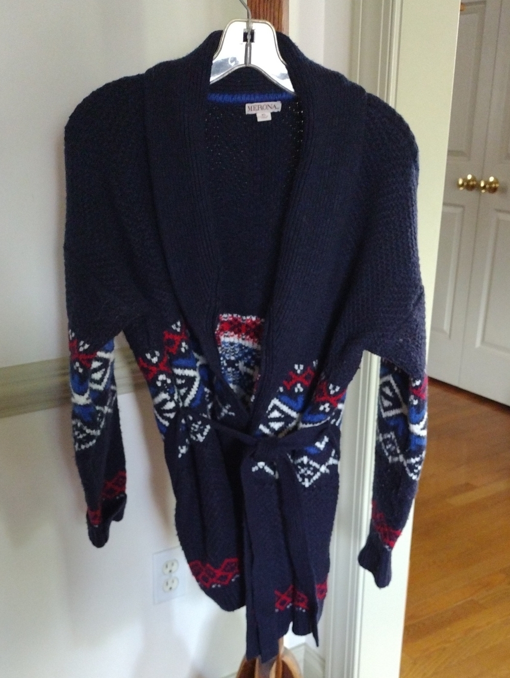 Merona Navy Shawl-Collar Cardigan with Nordic Accents And Sash XL